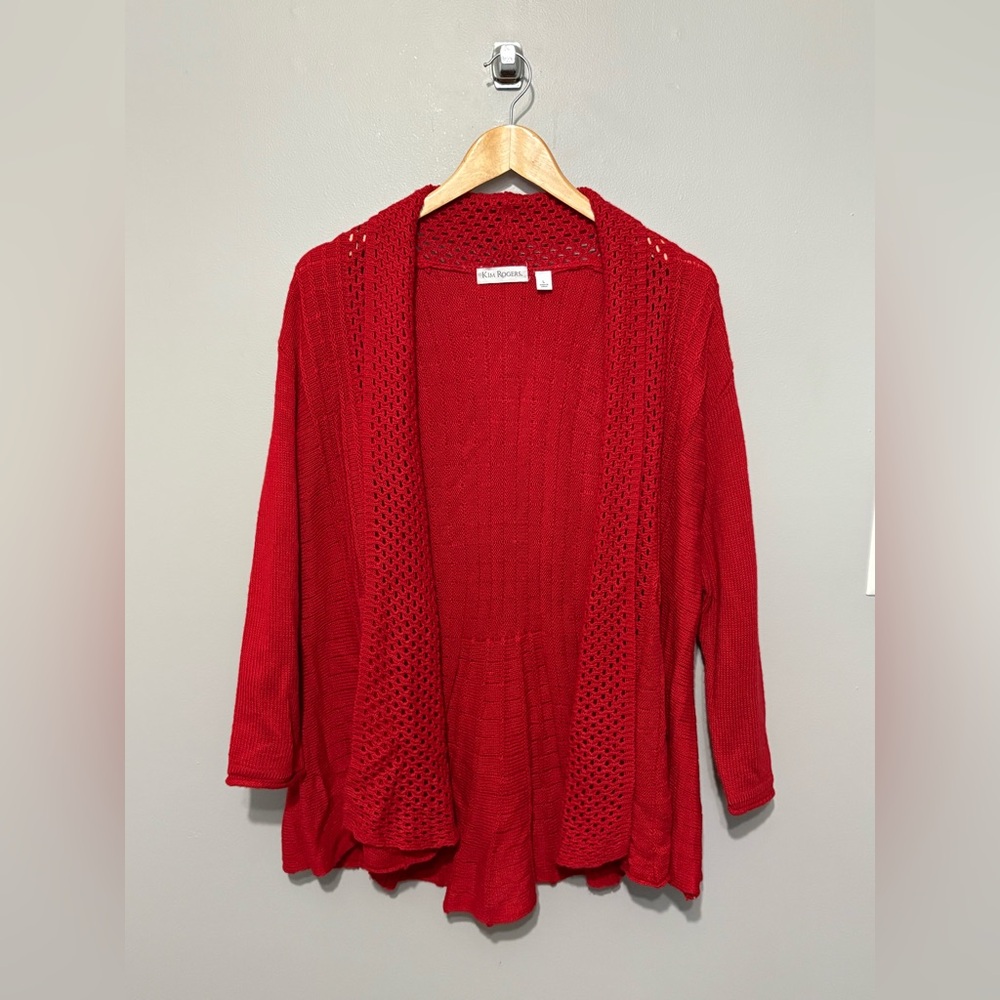 KIM ROGERS Red Open-Front Sweater Cut-Out Design Asymmetrical Hem EUC!